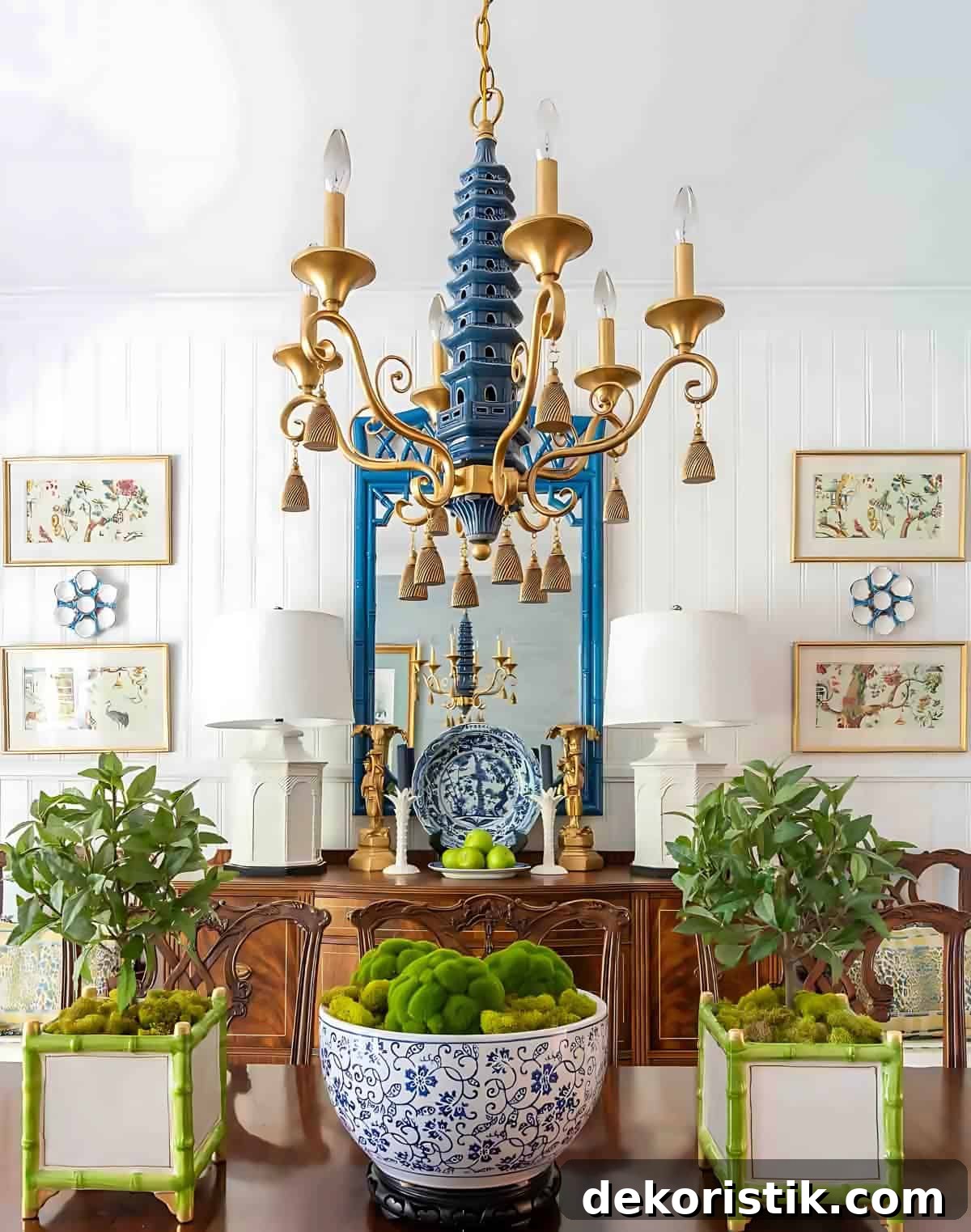 dining room decorated with chinoiserie accents and traditional style furniture