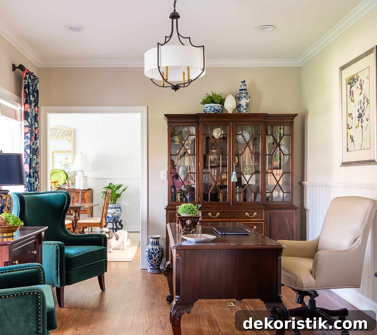 Home Decor Do's and Don'ts: Practical Tips 5 China cabinet in a home office filled with office type accessories - very on trend for 2024