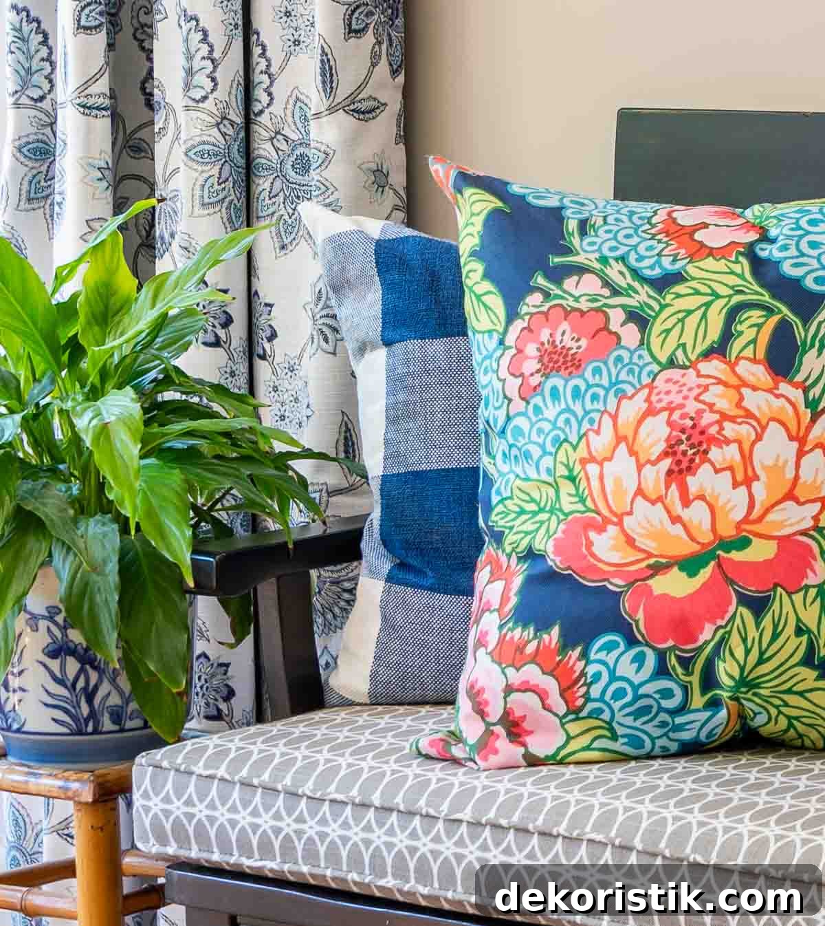 Home Decor Do's and Don'ts: Practical Tips 6 bright floral and blue and white check pillows on a bench