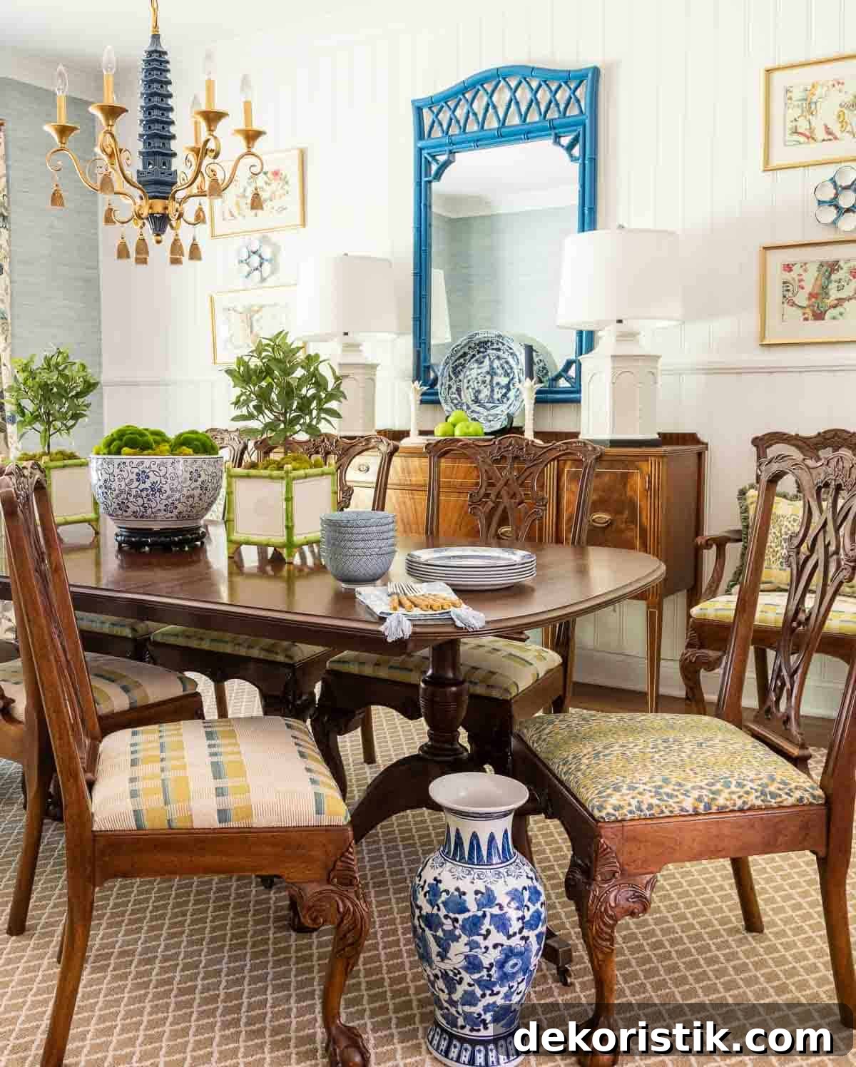 Home Decor Do's and Don'ts: Practical Tips 10 pair of traditional style dining chairs facing one another with blue, yellow and white fabric seats