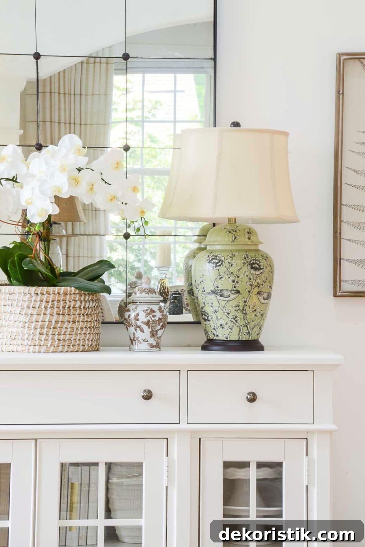 pale green lamp with a white shade on a white console table with a mirror above