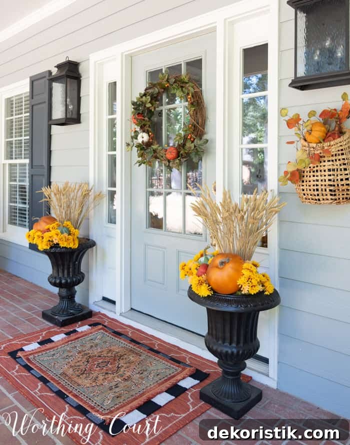 10 Smart Fall Prep Tips to Tackle Now 3 gray front door with fall wreath flanked with matching fall planters
