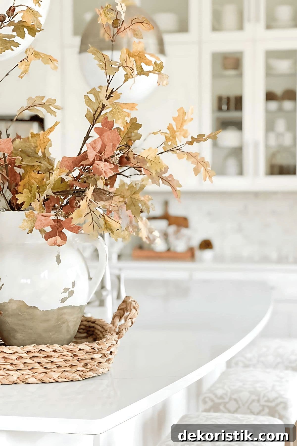 Autumn leaf arrangement in a white pitcher on a farmhouse-style table.
