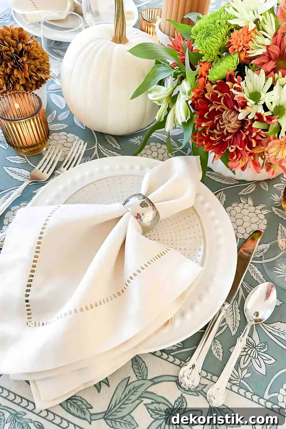 Pumpkin centerpiece with floral arrangement and elegant table setting for fall decor.