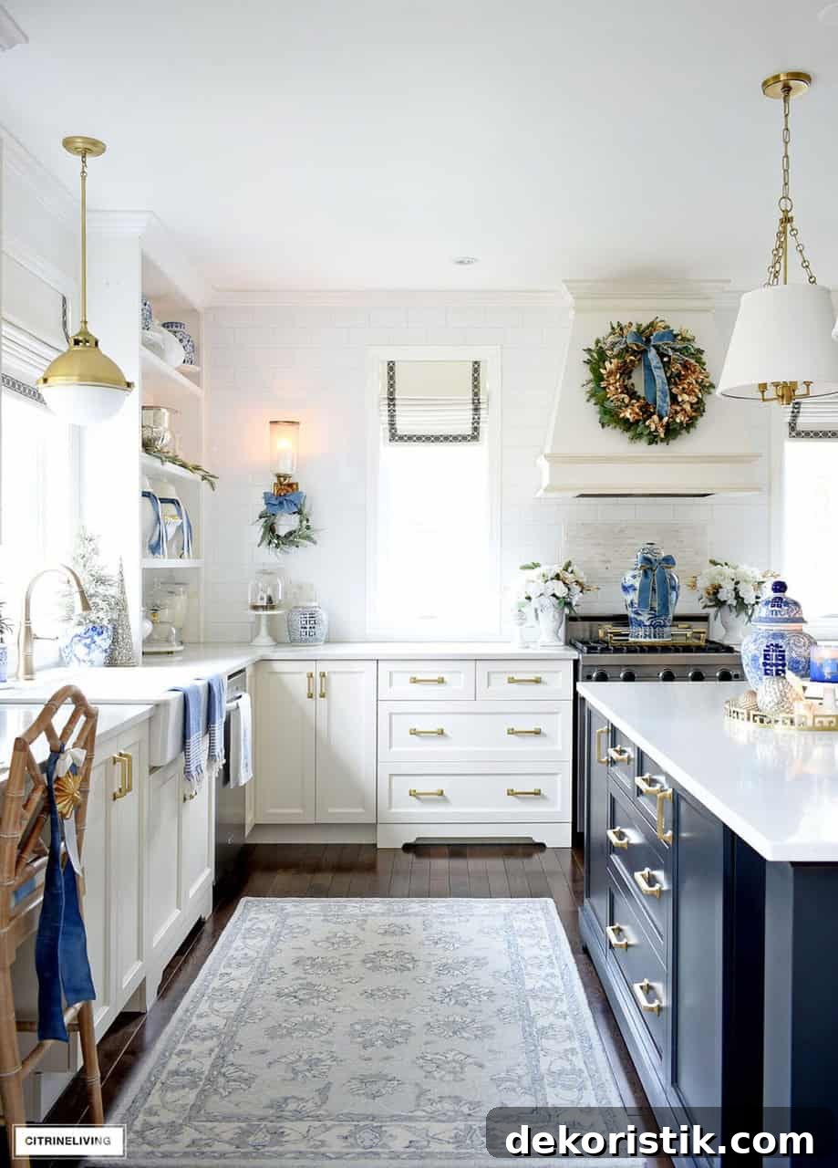 Blue and gold Christmas kitchen decor
