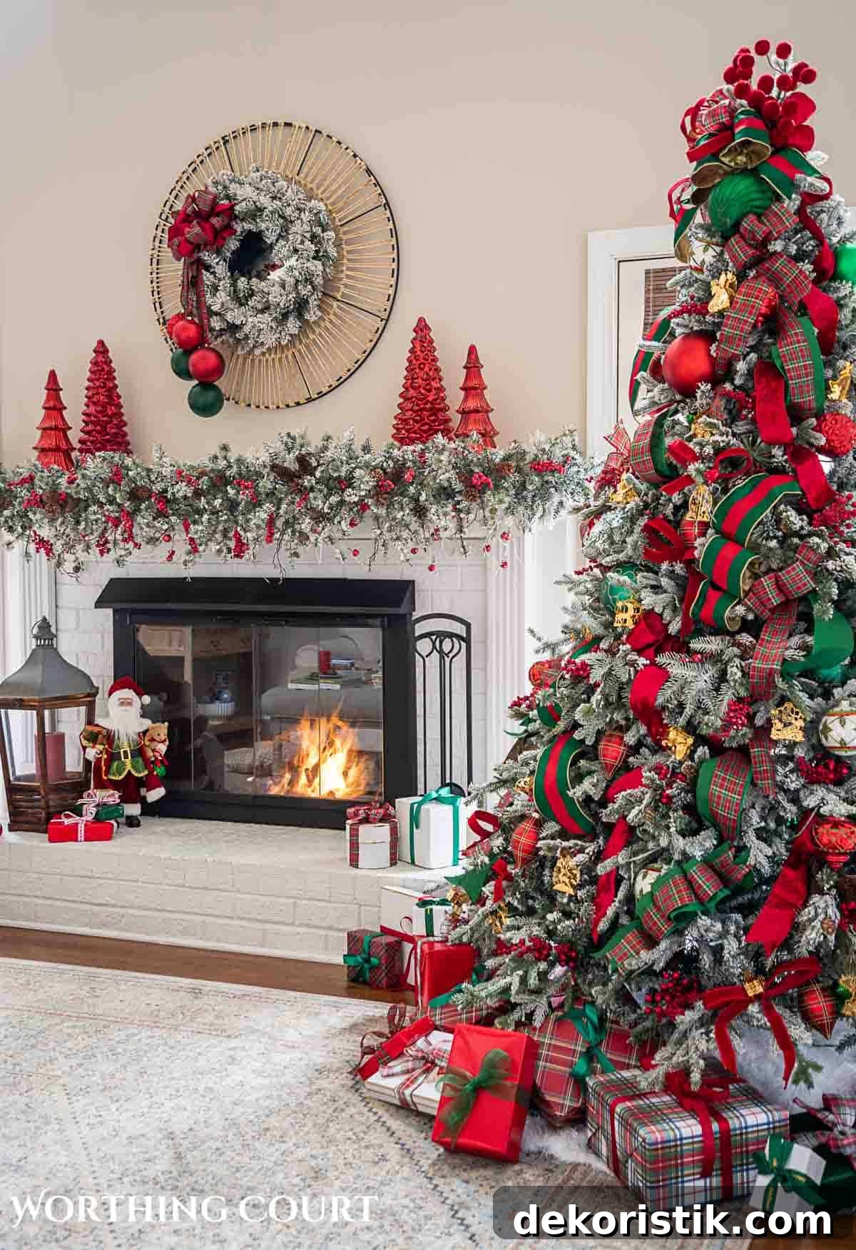 Living room decorated for Christmas with red, green, and gold details.