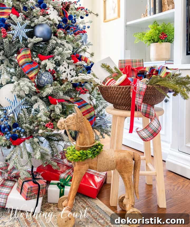 Cozy foyer and family room styled for Christmas.