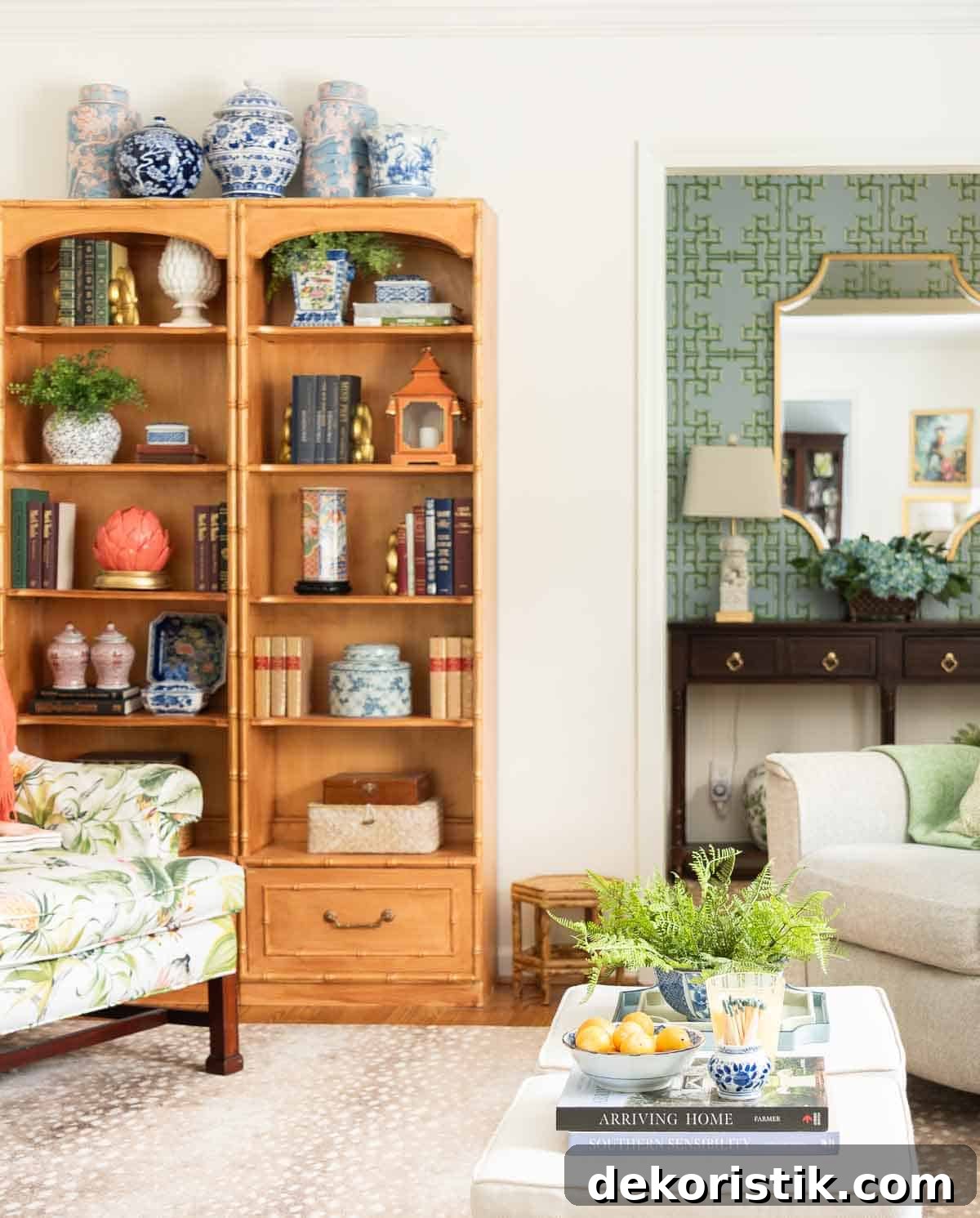 views of a small foyer decorated with chinoiserie accessories, a wood console table, and with blue and green lattice patterned wallpaper