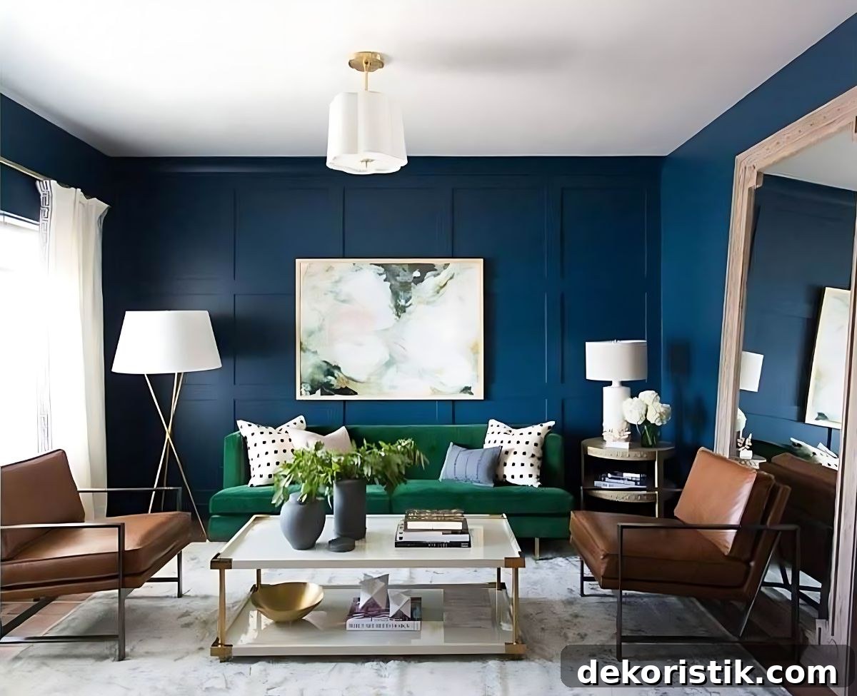 cozy living room with dark blue walls