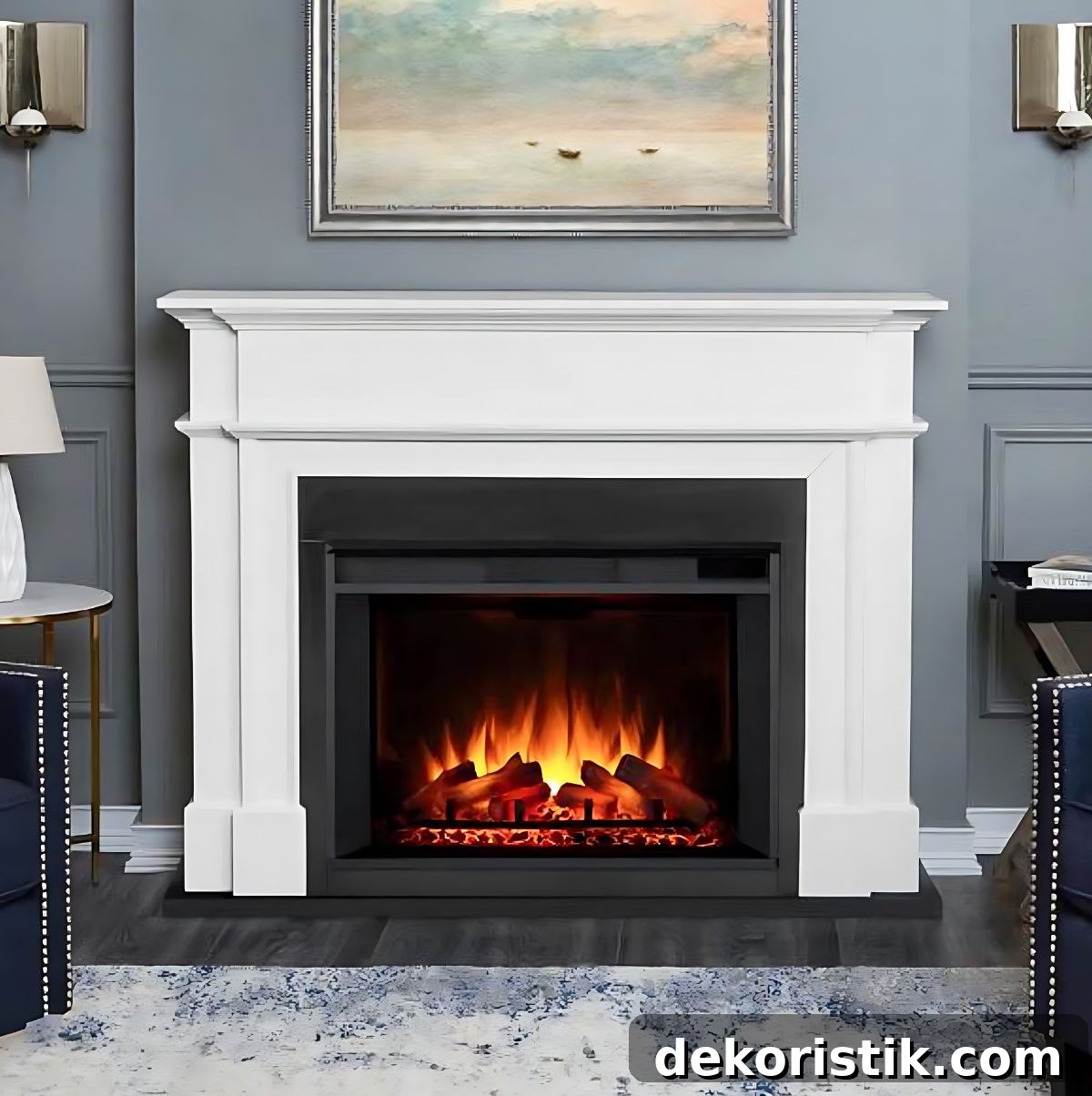 electric fireplace with a white surround in a cozy living room with dark blue walls