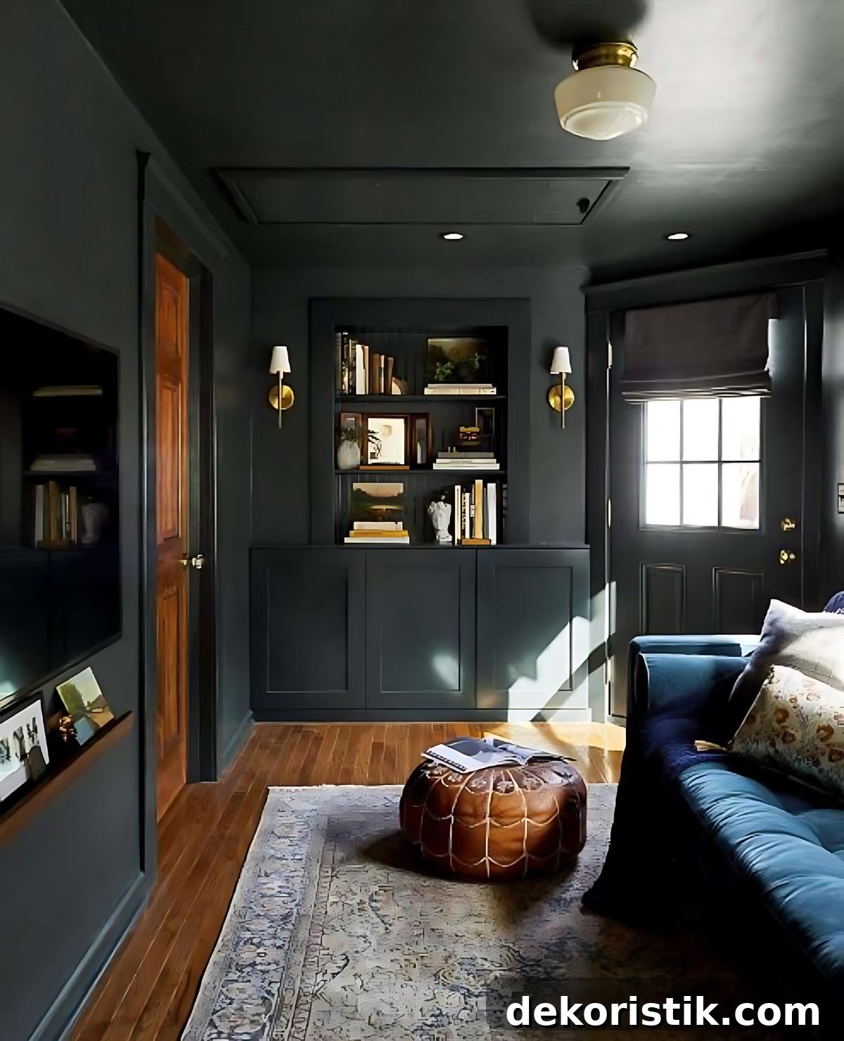 cozy living room with walls and ceiling painted dark gray