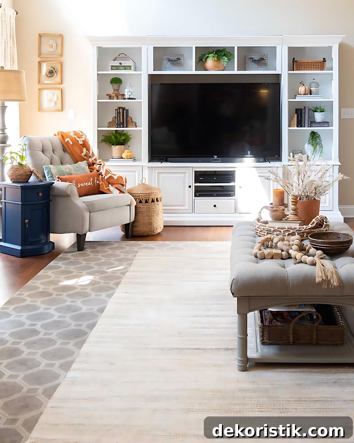 layered area rugs in a cozy neutral lining room