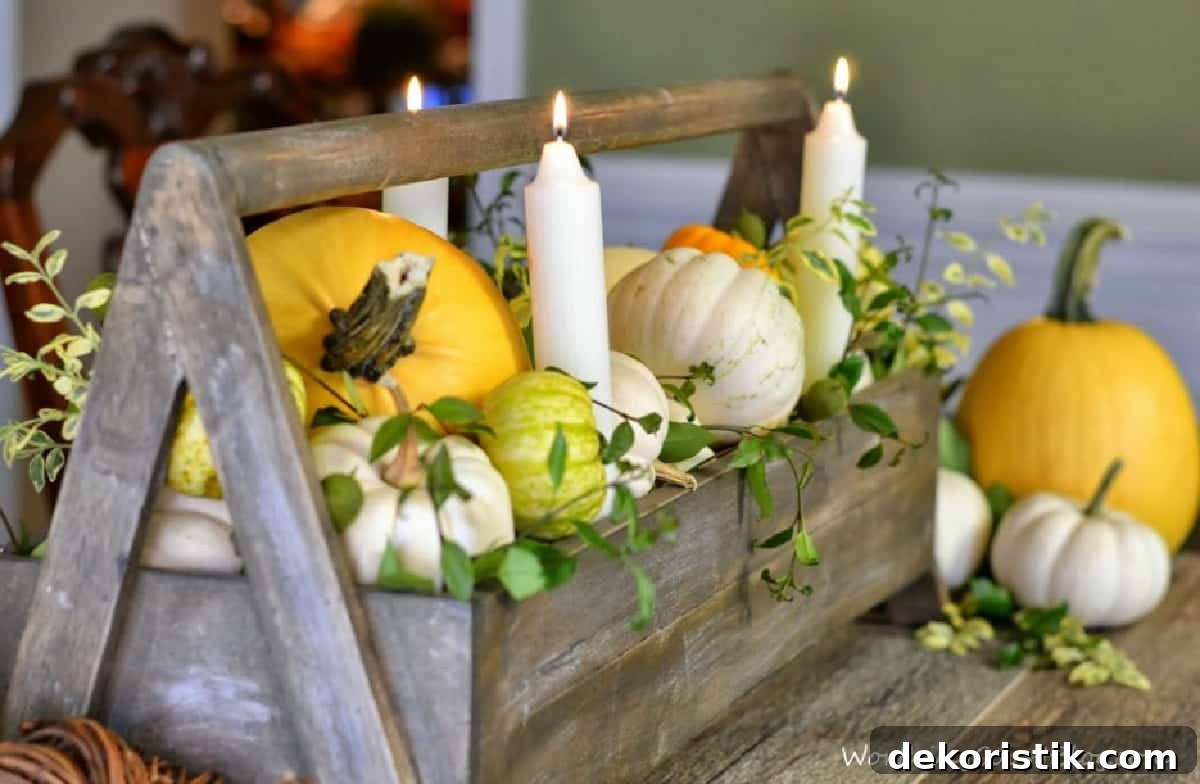 long gray wood tool box filled with yellow and white pumpkins, white candles and sprigs of greenery for a Thanksgiving centerpiece