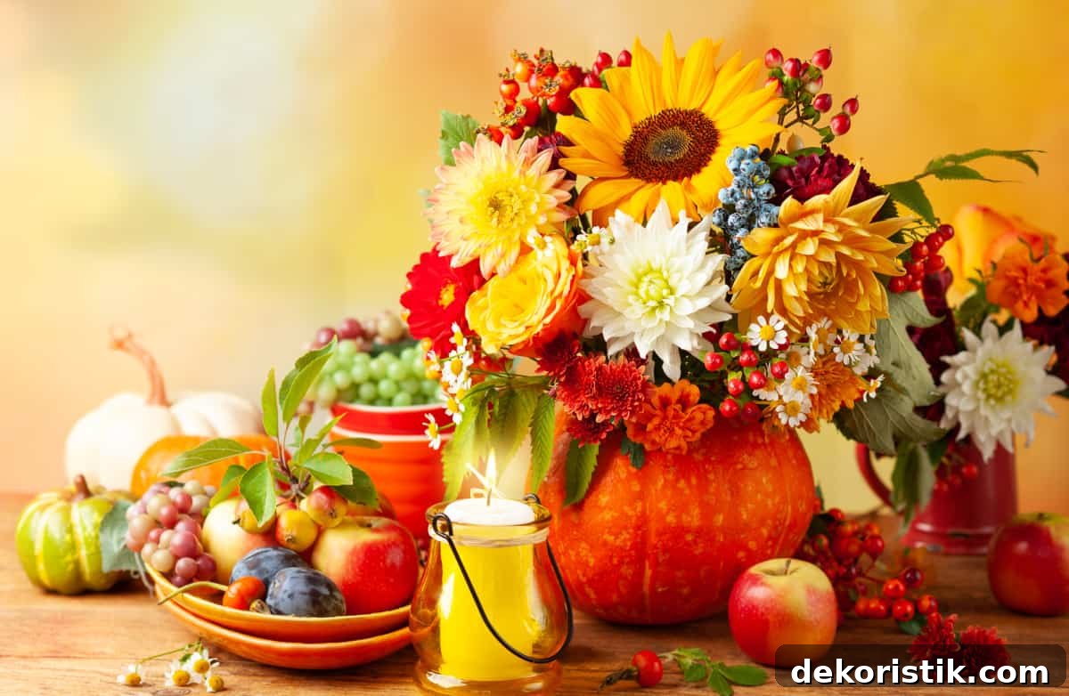 floral arrangement in a pumpkin for a Thanksgiving centerpiece