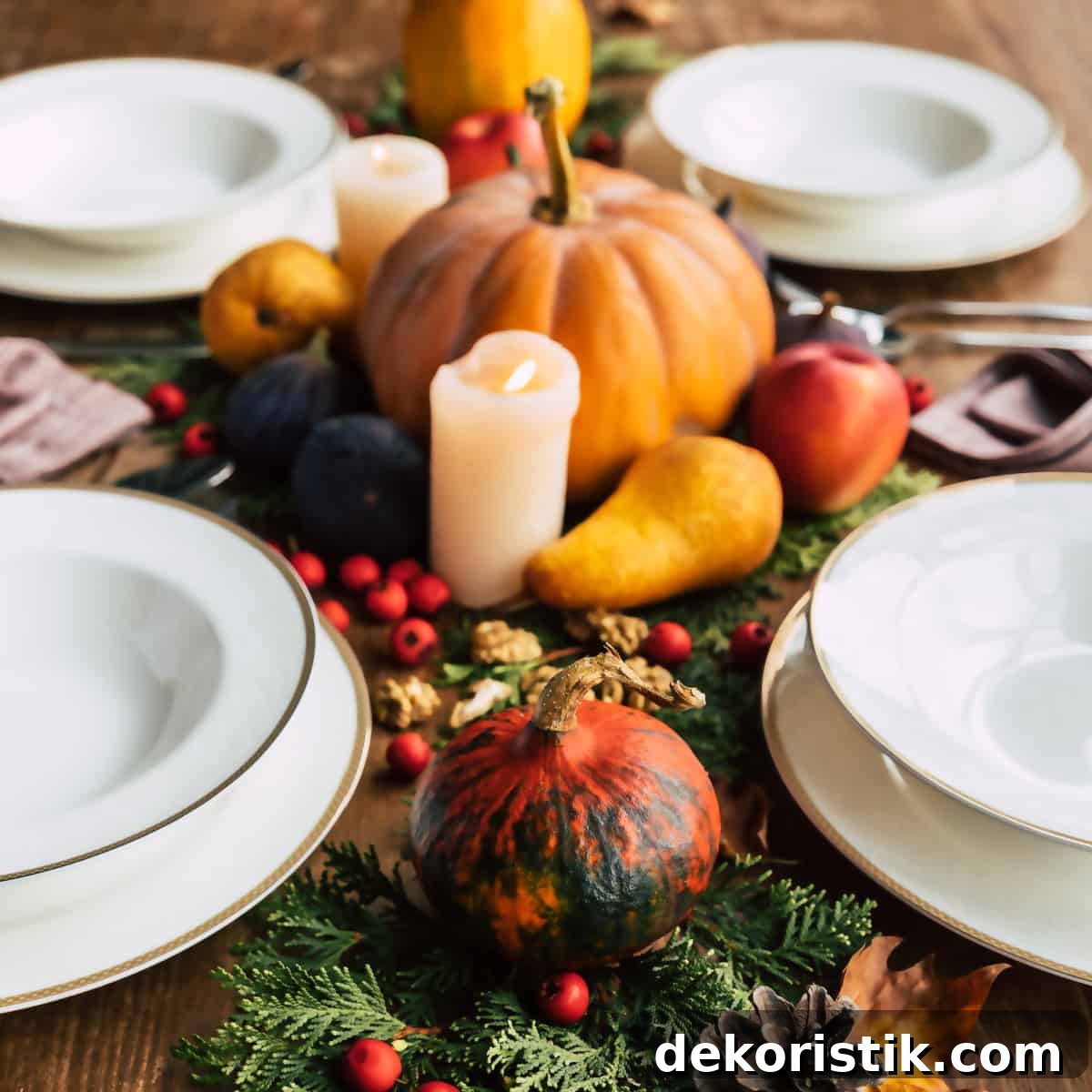 diy Thanksgiving centerpiece with pumpkins, gourds, foliage and candles in the middle of white plate place settings