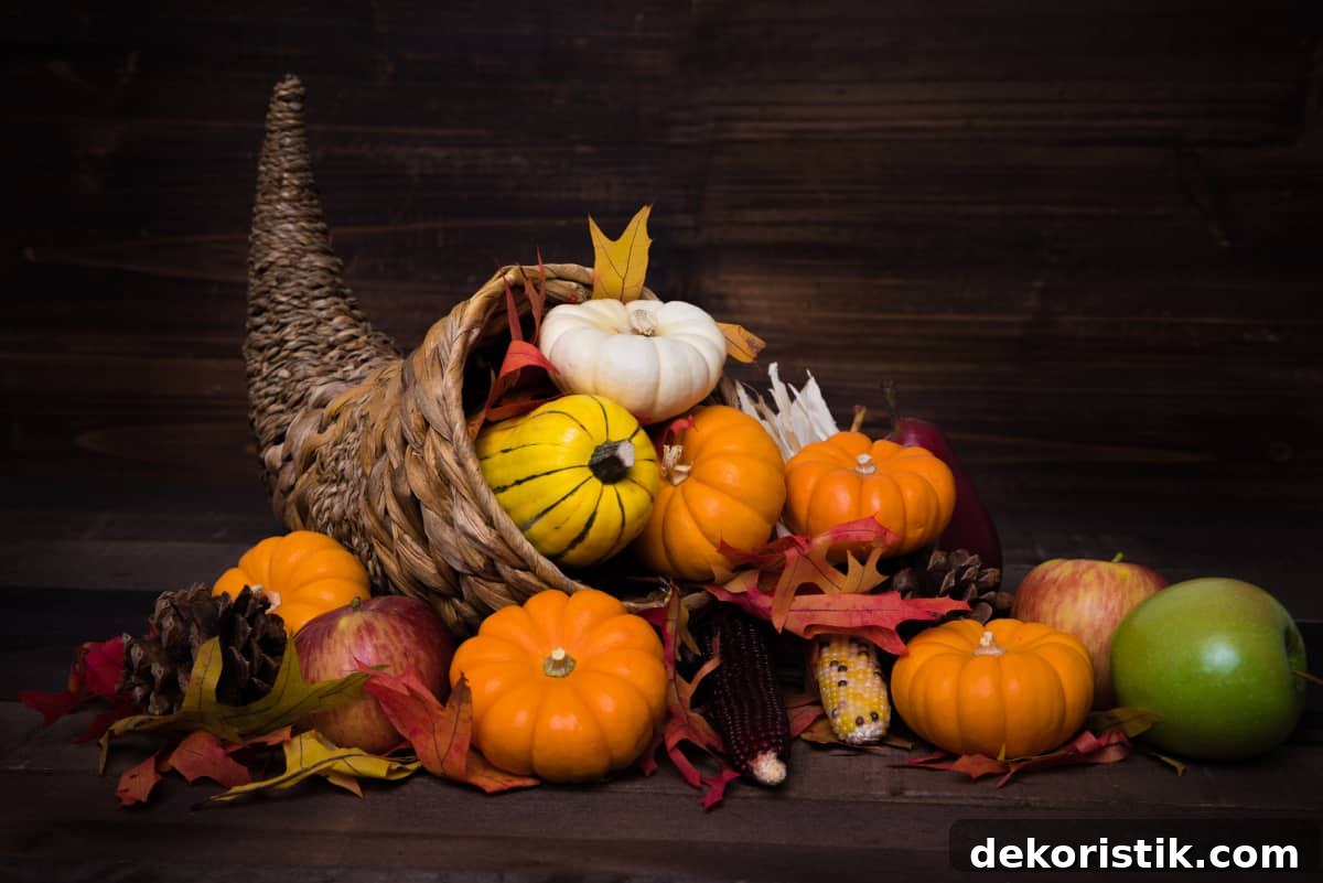 Thanksgiving centerpiece using a wicker cornucopia with pumpkins spilling out of the front