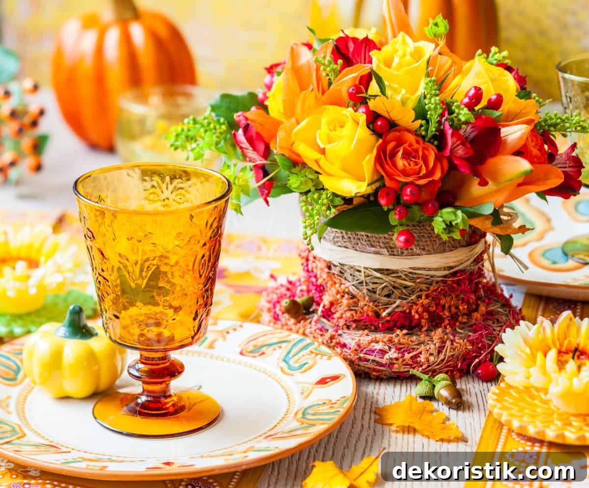 Floral arrangement using yellow and orange roses for a Thanksgiving centerpiece