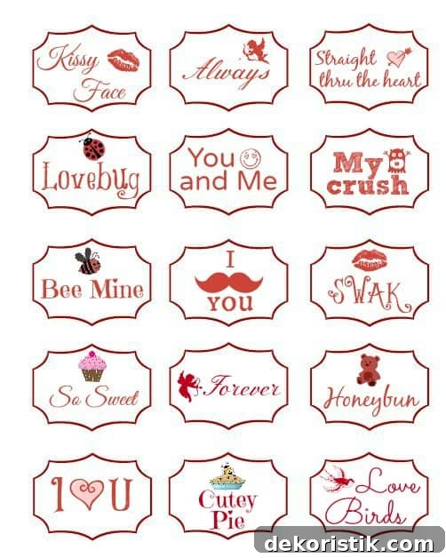 Free printout of mini Valentine messages.