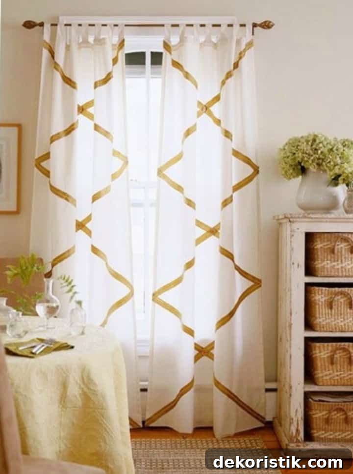 white curtains embellished with grosgrain ribbon in a diamond pattern