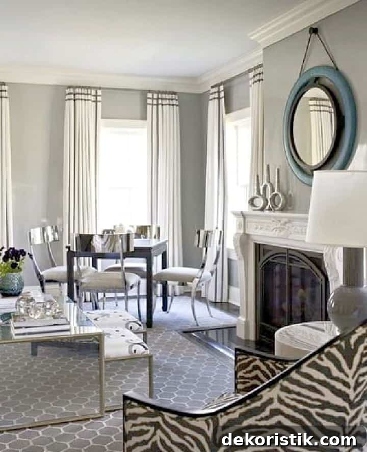 living room with gray walls and white curtains embellished with grosgrain ribbon
