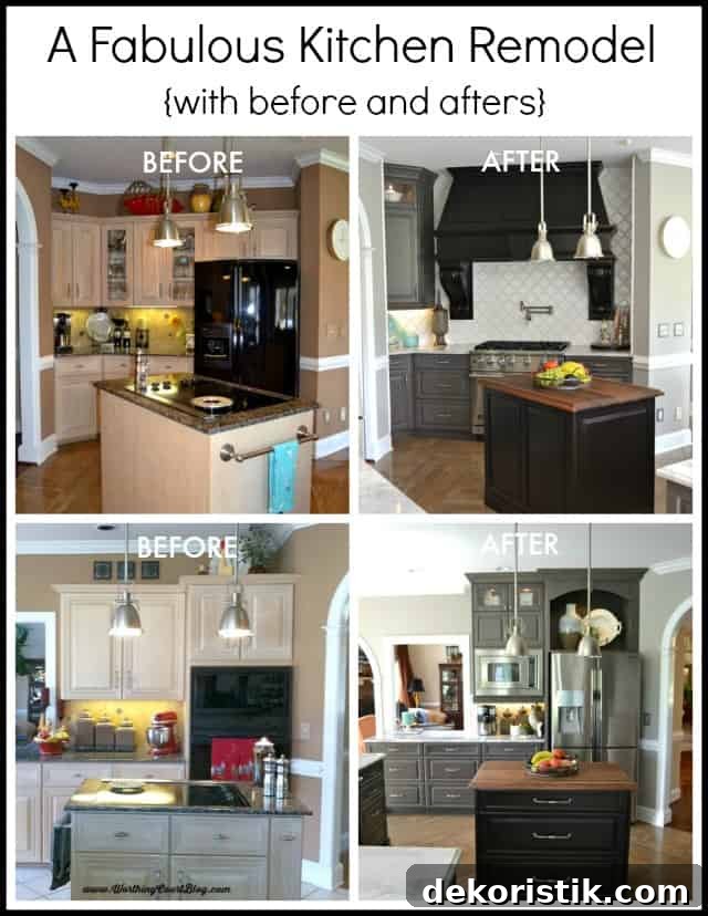 Stunning Kitchen Remodel: Before and After Reveal 15 Before and afters of a beautiful kitchen remodel featuring gray cabinets, a custom black hood and carrera look quartz counters