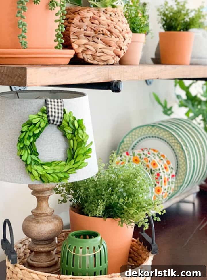terra cotta pots and spring dishes on shelves