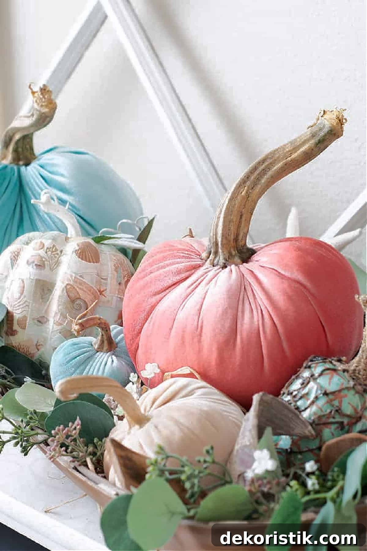 Cozy Plaid Decor Ideas for Fall 8 diy velvet pumpkins in different colors in an arrangement