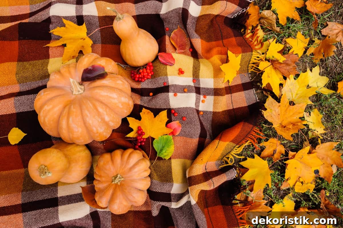 Cozy Plaid Decor Ideas for Fall 9 plaid fall throw blanket with pumpkins and fall leaves on it