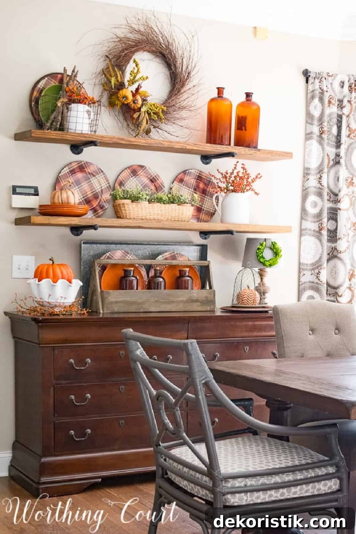 Cozy Plaid Decor Ideas for Fall 4 open shelves above wood sideboard with fall decorations including plaid fall chargers