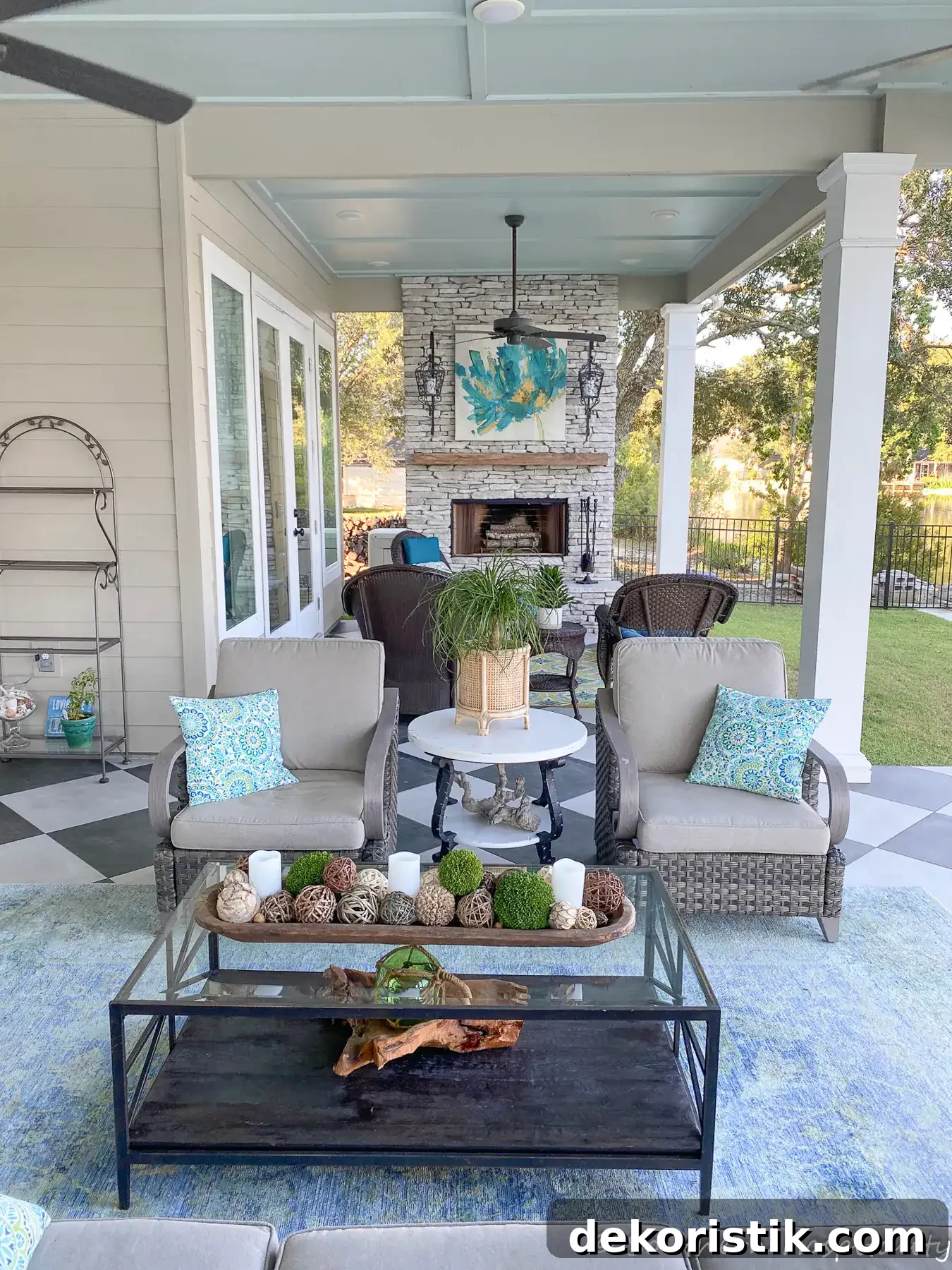 Lake house porch with black and white tile