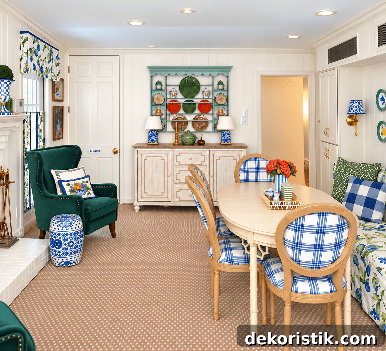 Cozy breakfast nook with fall touches and a fireplace