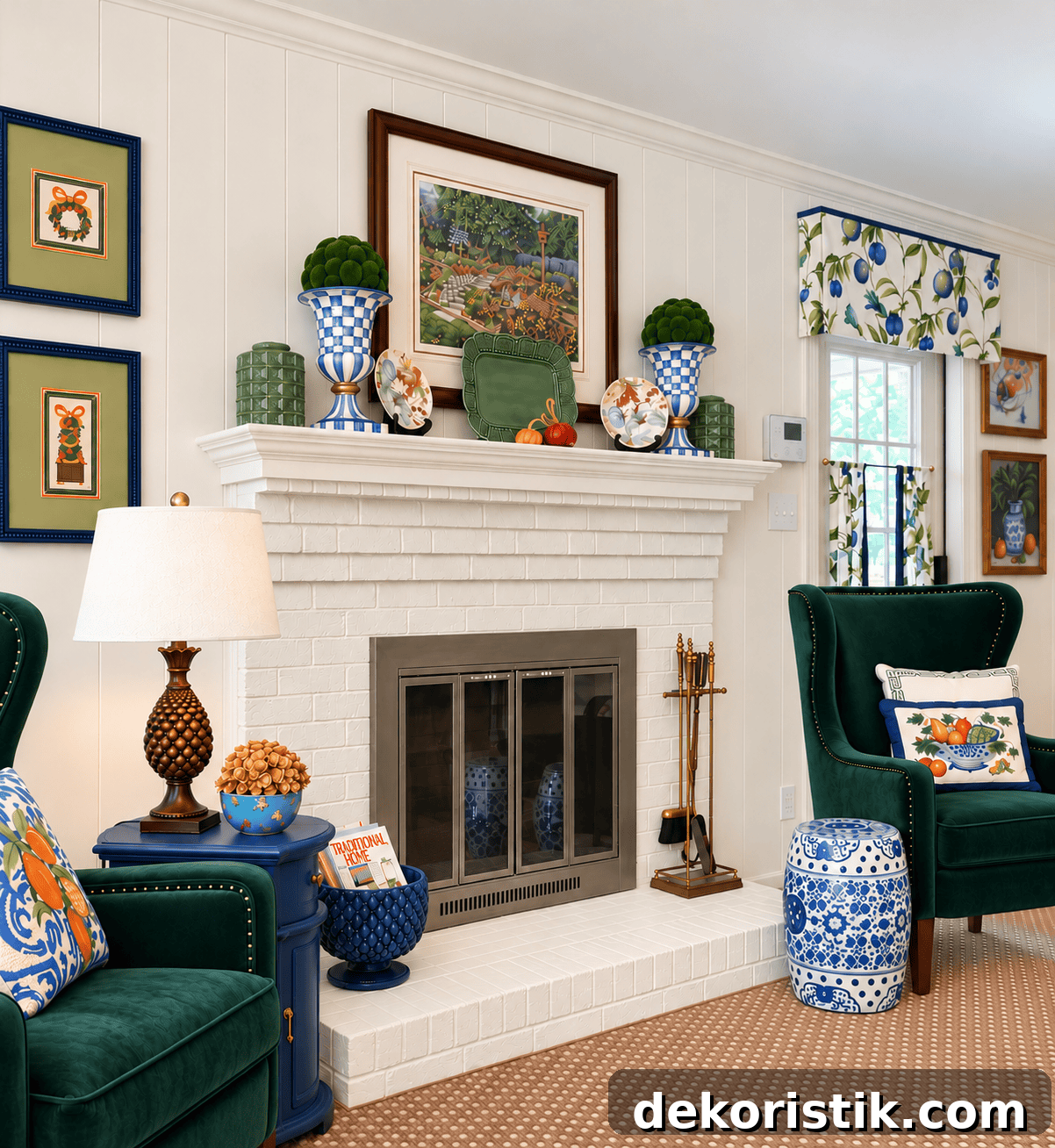 Fireplace mantel styled with fall plates and urns