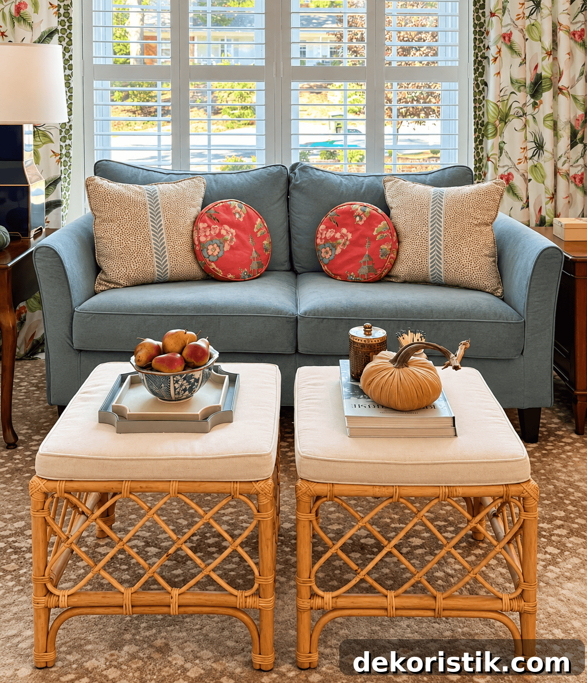 Small living room with fall-themed accents and cozy cushions