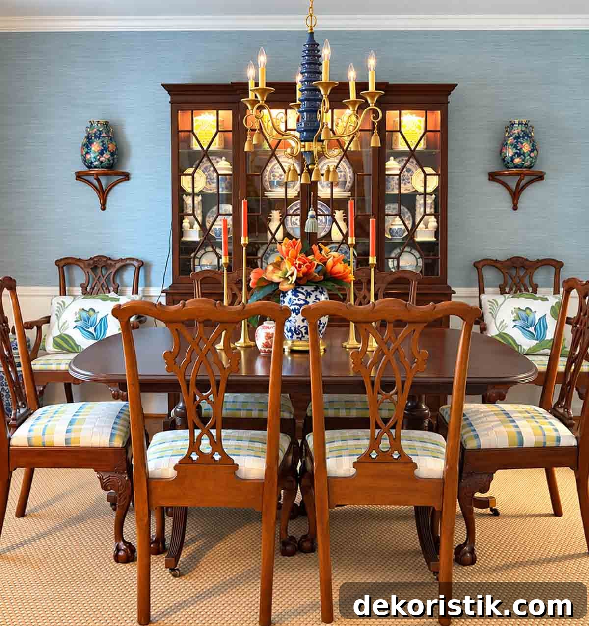 Traditional dining room with an autumn floral centerpiece
