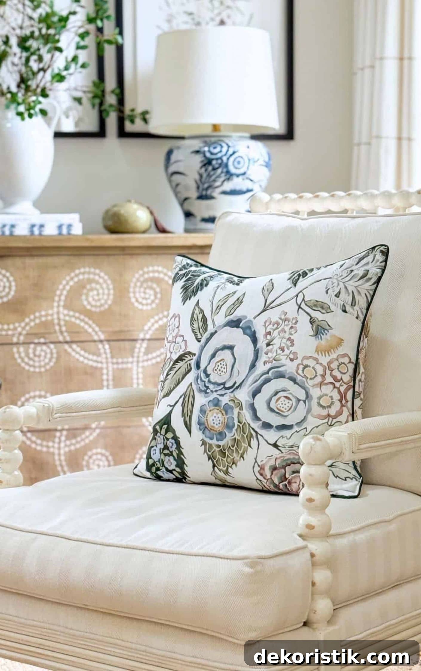 Cozy living room with floral cushion, lamp, and decorative vases.